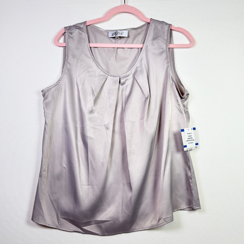 KASPER Platinum Pleated Neckline Satin Sleeveless Blouse PXL - Picture 1 of 7